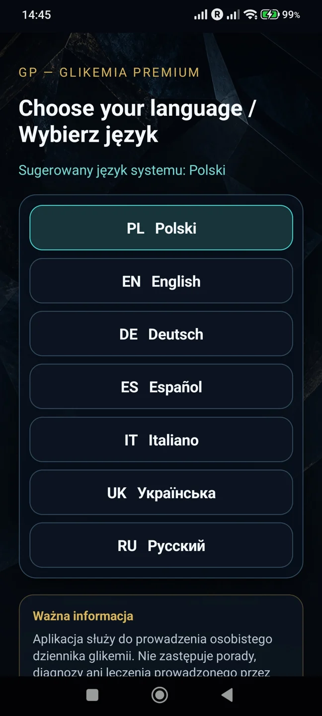 Wybór języka aplikacji — Glikemia Premium