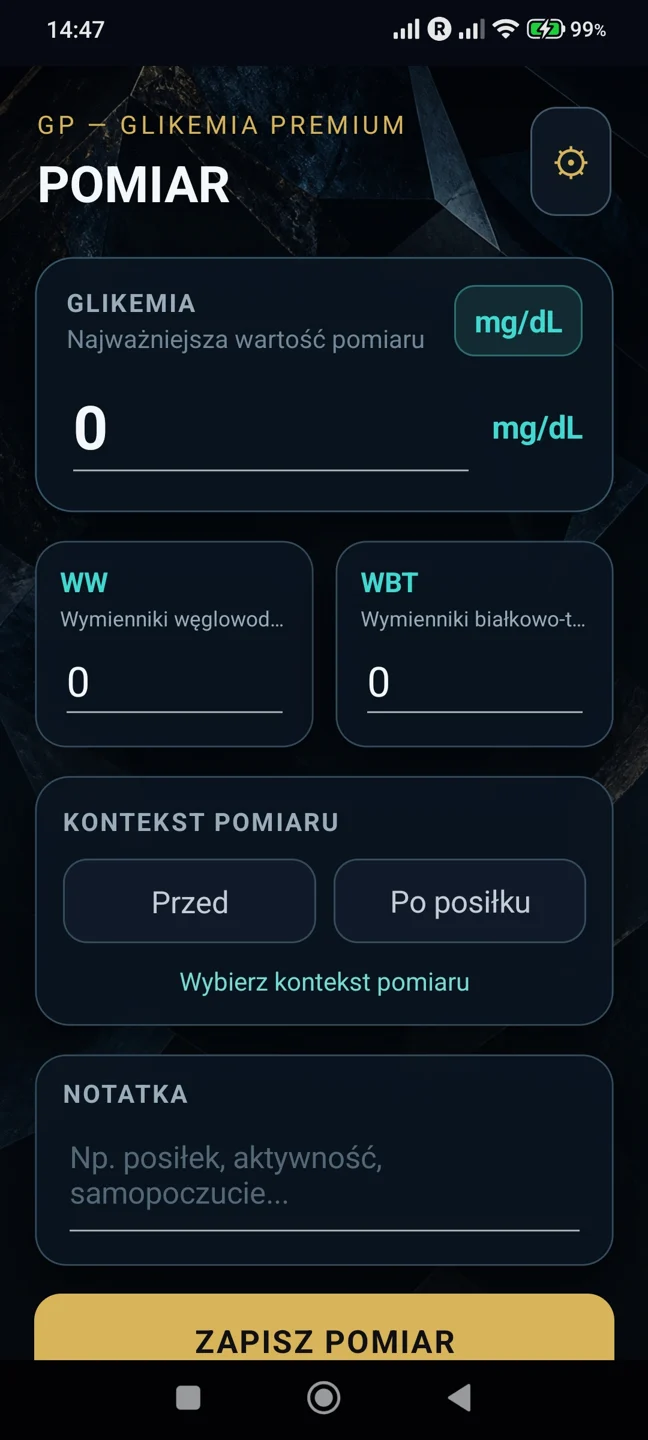 Ekran zapisu pomiaru glikemii, WW, WBT i notatki