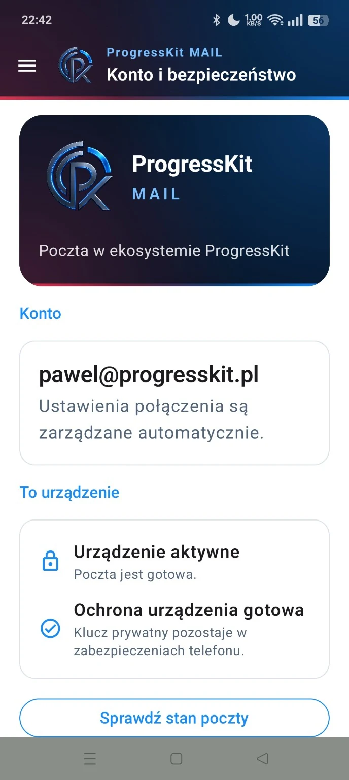 Konto ProgressKit Mail z adresem pawel@progresskit.pl i automatycznym zarządzaniem połączeniem