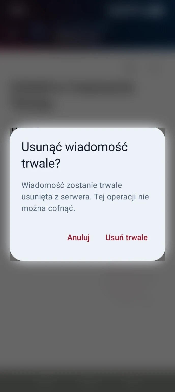 ProgressKit Mail — potwierdzenie trwałego usuwania wiadomości; treść wiadomości w tle zamazana