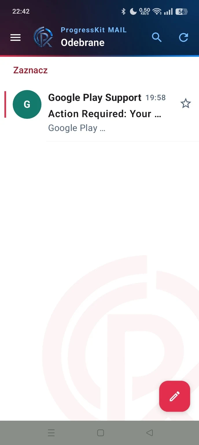 ProgressKit Mail — realna wiadomość od Google Play Support odebrana w kliencie Android