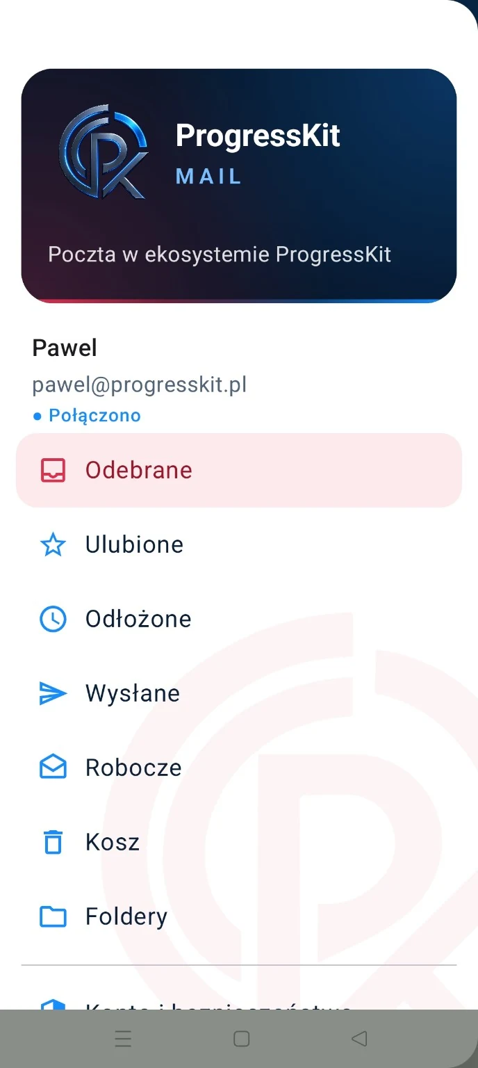 Menu ProgressKit Mail z folderami Odebrane, Ulubione, Odłożone, Wysłane, Robocze i Kosz