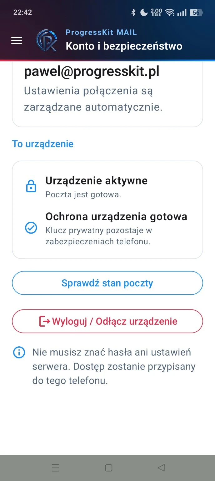 ProgressKit Mail — urządzenie aktywne i ochrona urządzenia gotowa